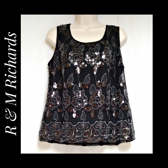 R & M Richards Beaded Sequin Top Sleeveless Black